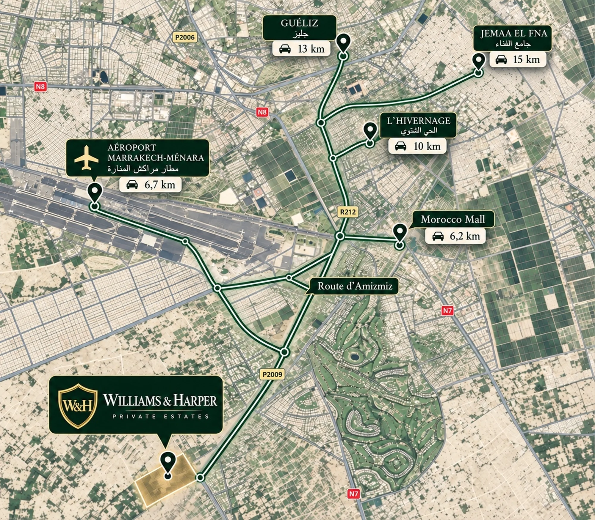 Carte de localisation du Domaine Red Stone, route d’Amizmiz à Marrakech, avec le repère Williams & Harper